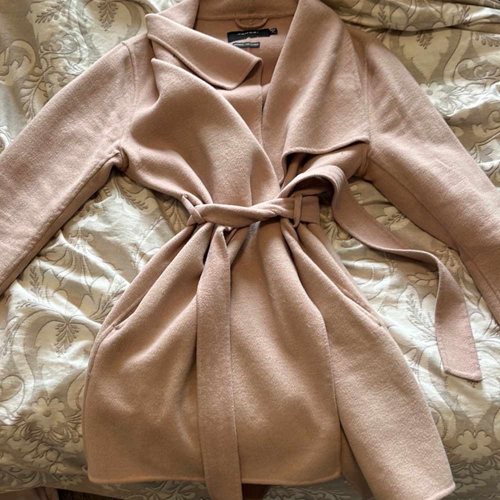Pink neutral color wool blend tahari jacket crossover with pockets